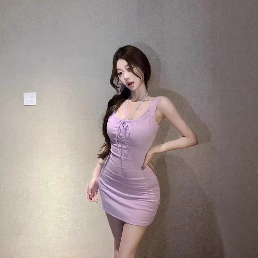 Women’s Bow Strap Low-Cut Slim Short Dress