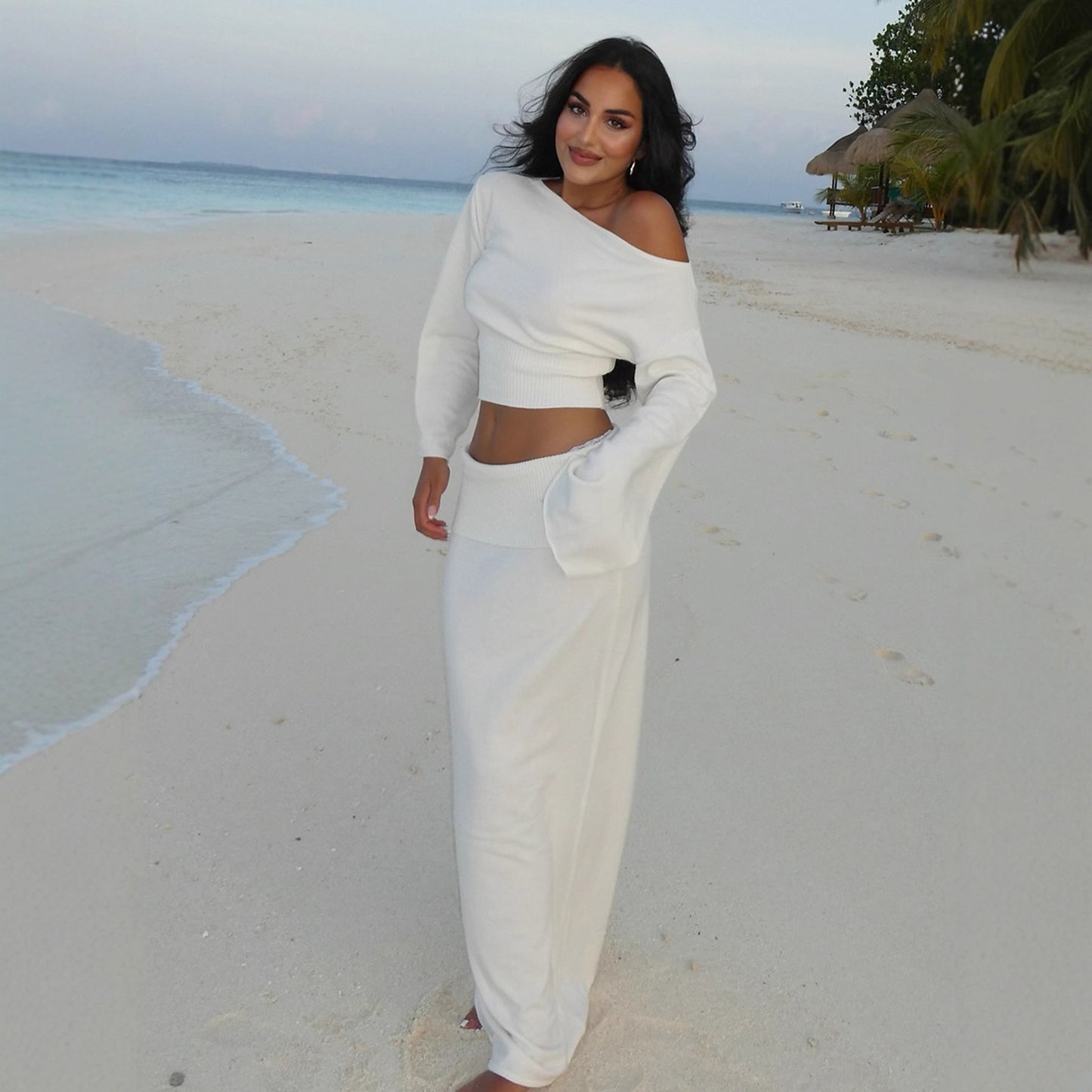 Women’s One-Shoulder Fleece Top & High-Waist Skirt Set