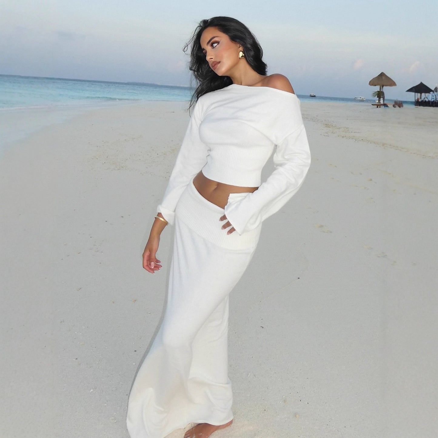 Women’s One-Shoulder Fleece Top & High-Waist Skirt Set