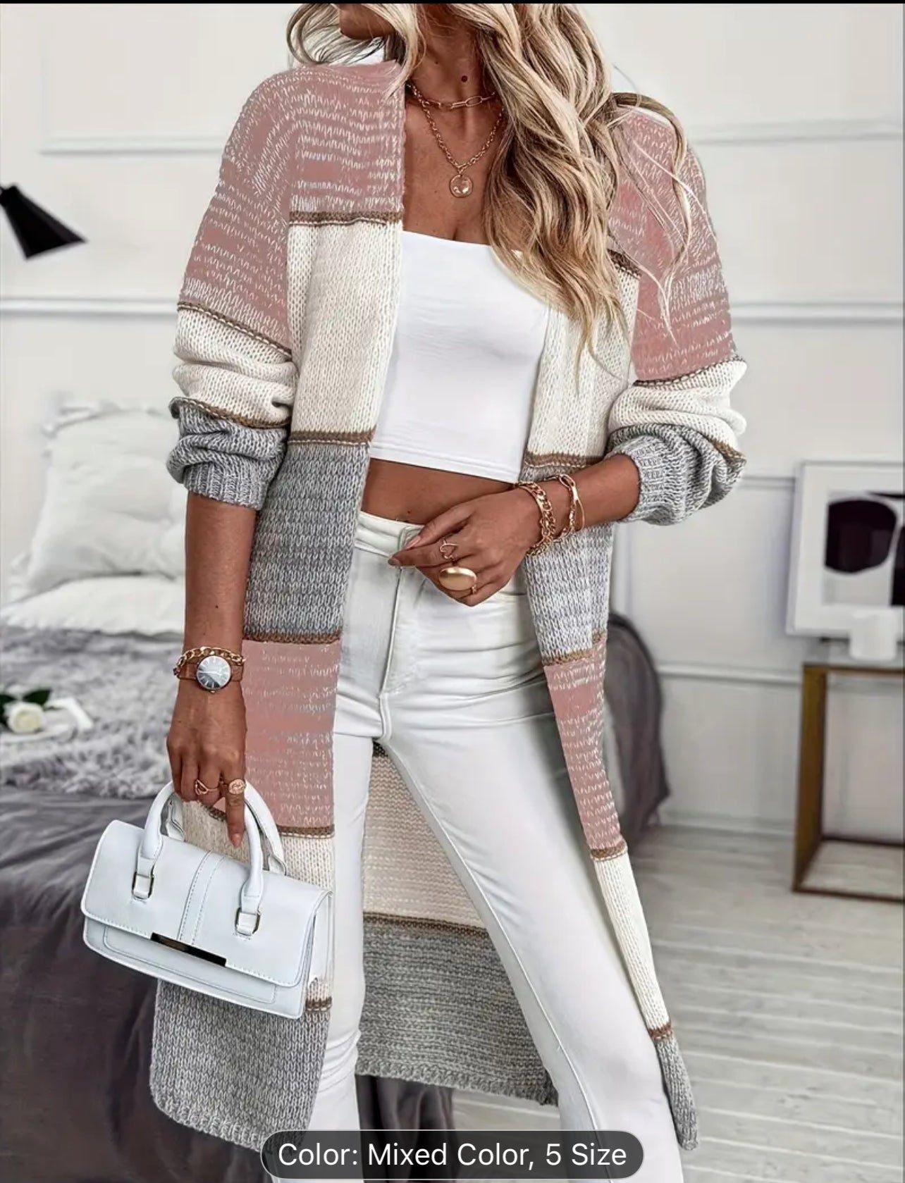 Women'S Casual Color Block Cardigan