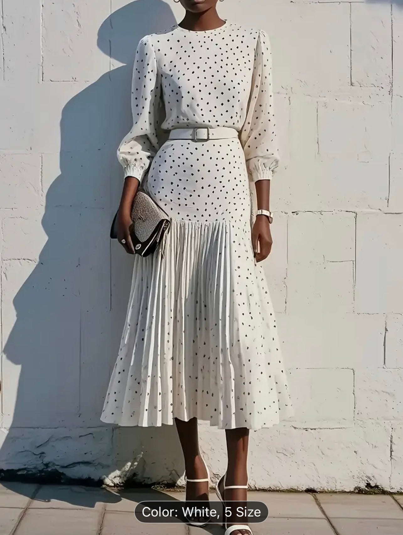 Women’s Elegant Belted Polka Dot Midi Dress