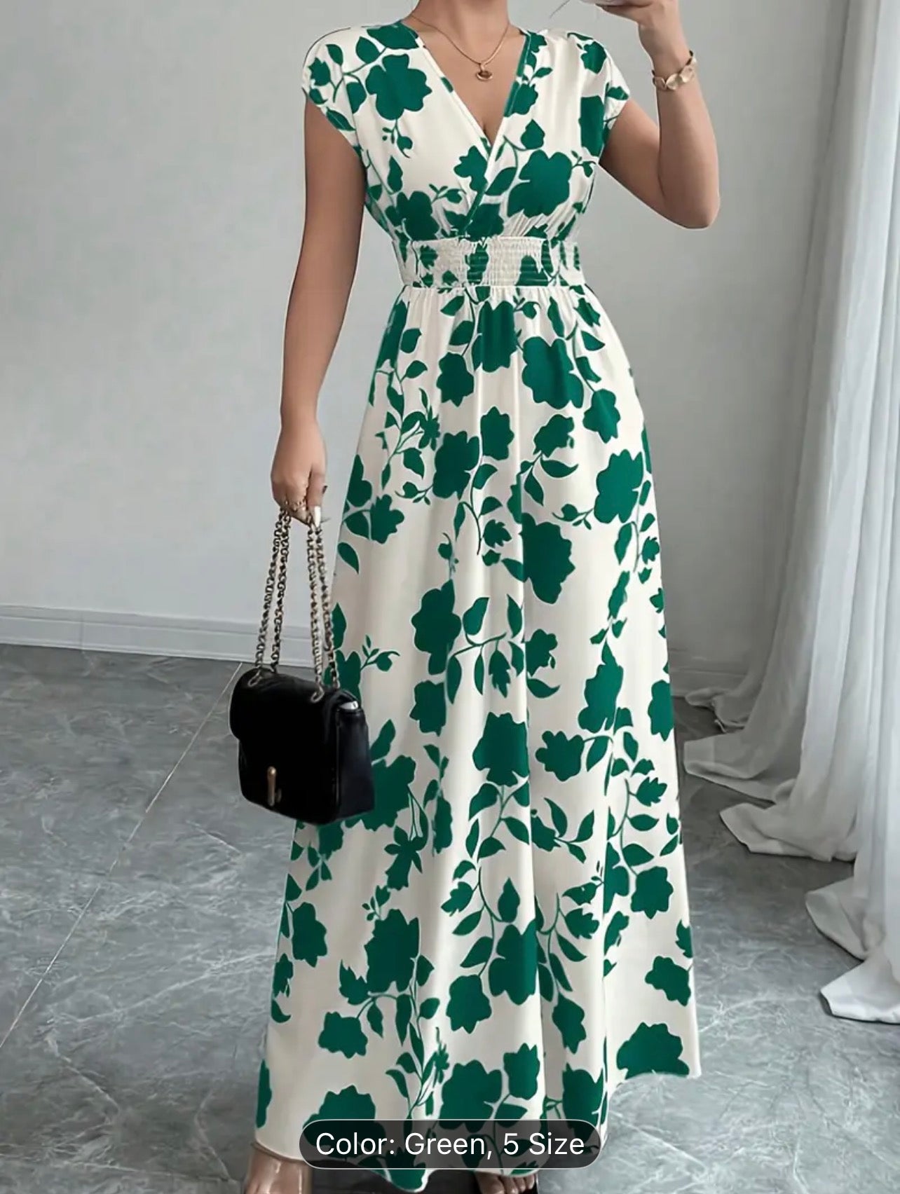 Women’s Elegant Pink Floral V-Neck Maxi Dress