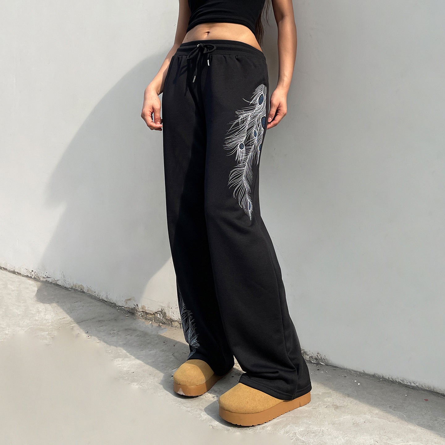 Vintage Peacock Feather Print Low Waist Pants