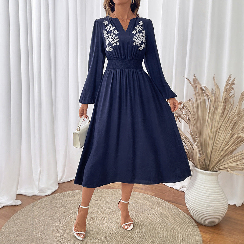 “Women’s Embroidered V-Neck Long Sleeve Dress