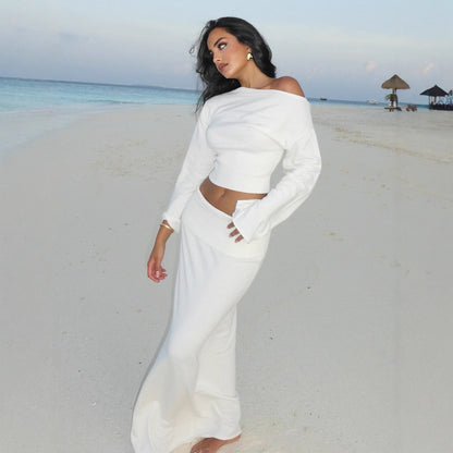 Women’s One-Shoulder Fleece Top & High-Waist Skirt Set