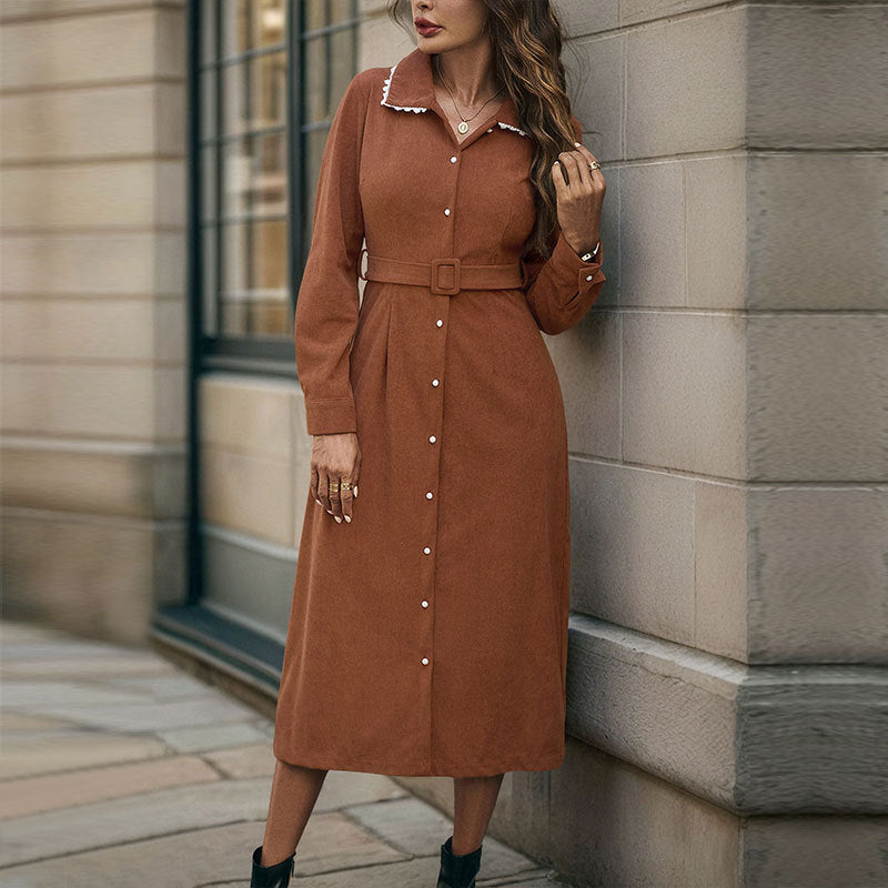 Women’s Corduroy Lapel Lace Splice Dress