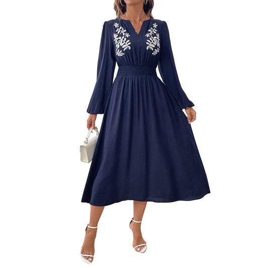“Women’s Embroidered V-Neck Long Sleeve Dress