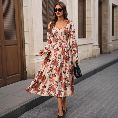 Women’s Retro Square Neck Slit Printed Dress