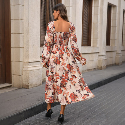 Women’s Retro Square Neck Slit Printed Dress