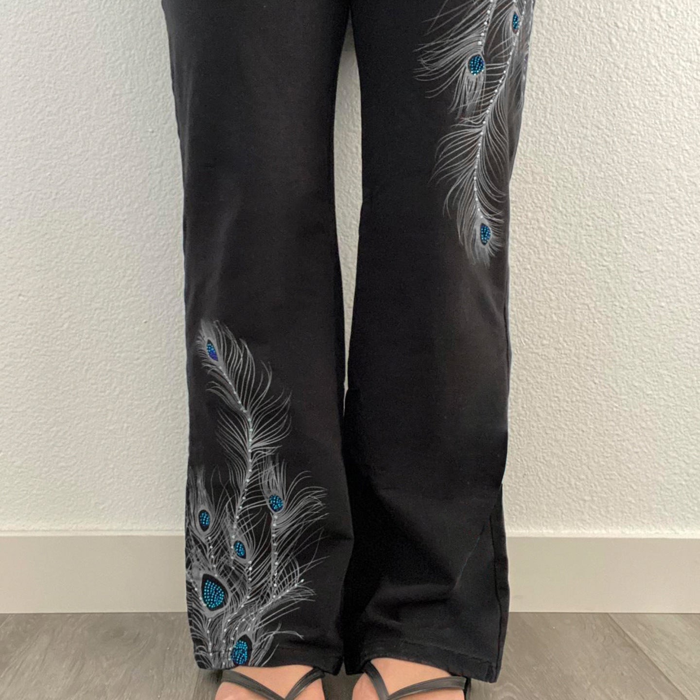 Vintage Peacock Feather Print Low Waist Pants
