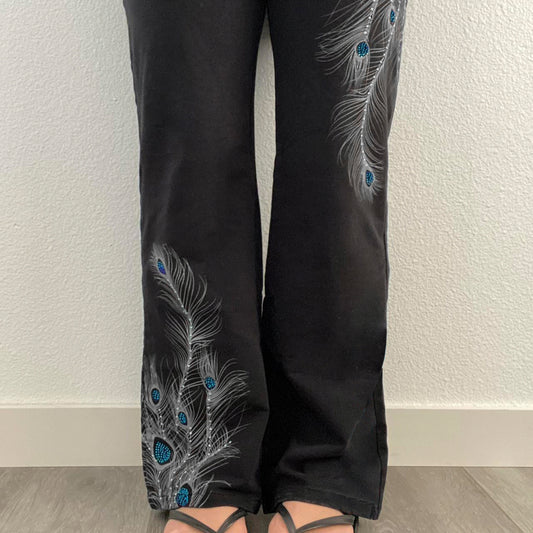 Vintage Peacock Feather Print Low Waist Pants