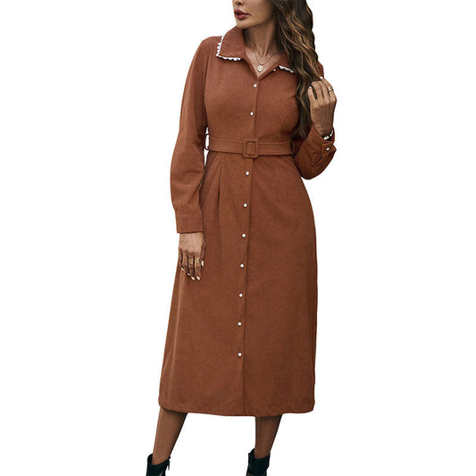 Women’s Corduroy Lapel Lace Splice Dress