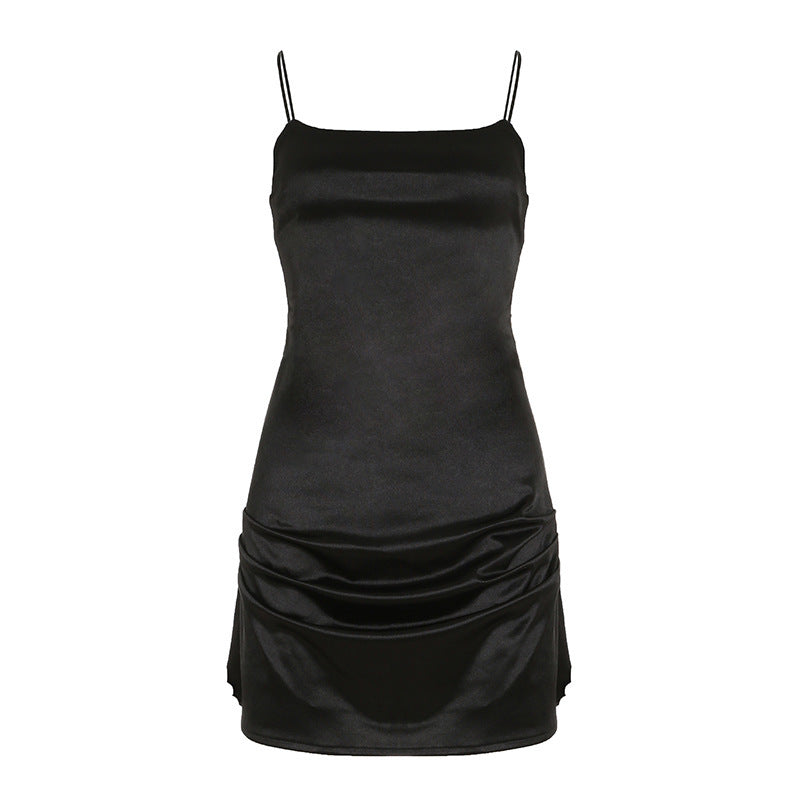 Women’s Satin U-Neck Strapless Pleated Dress