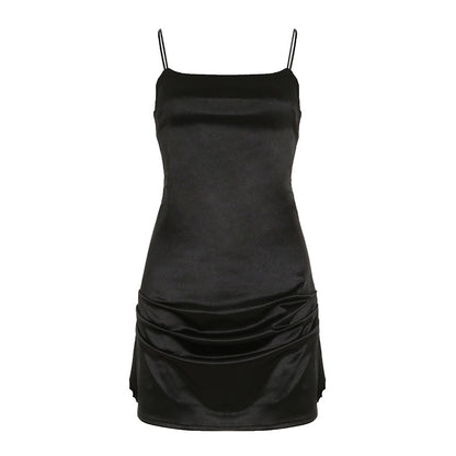 Women’s Satin U-Neck Strapless Pleated Dress