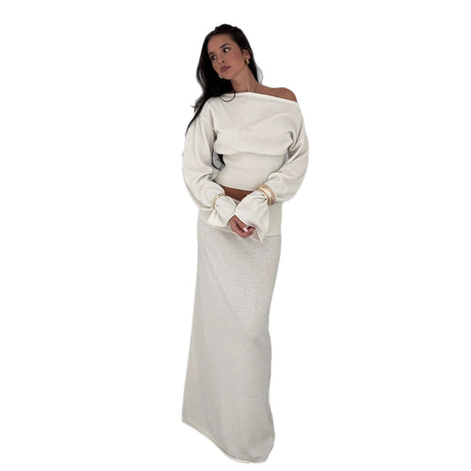 Women’s One-Shoulder Fleece Top & High-Waist Skirt Set