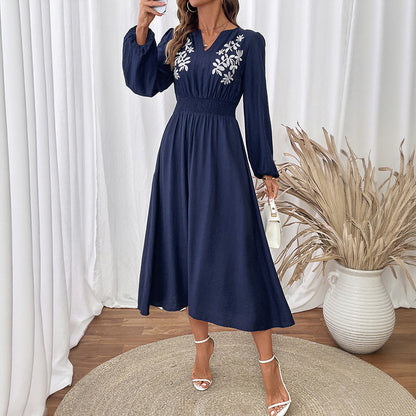 “Women’s Embroidered V-Neck Long Sleeve Dress