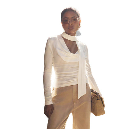 Women’s Halter Neck Pleated Long Sleeve Top