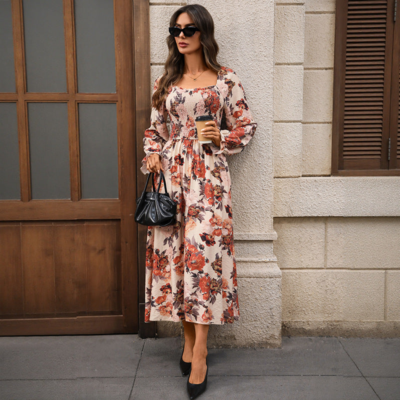 Women’s Retro Square Neck Slit Printed Dress