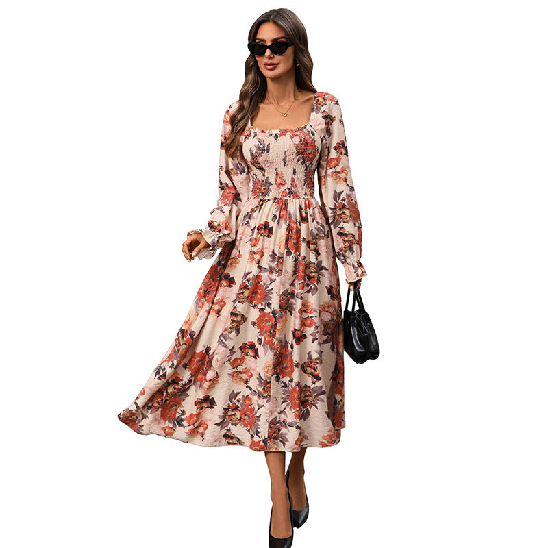 Women’s Retro Square Neck Slit Printed Dress