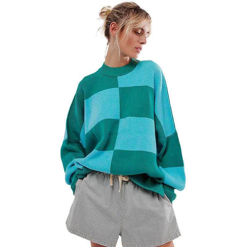 Women’s Checkerboard Color Block Knit Sweater