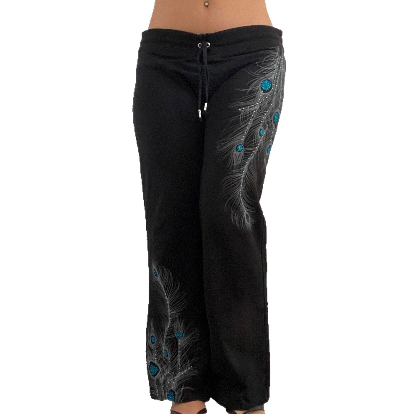 Vintage Peacock Feather Print Low Waist Pants