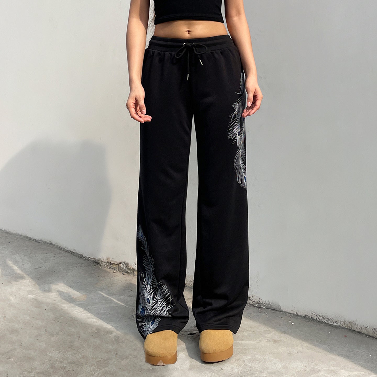 Vintage Peacock Feather Print Low Waist Pants