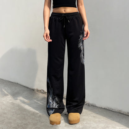 Vintage Peacock Feather Print Low Waist Pants