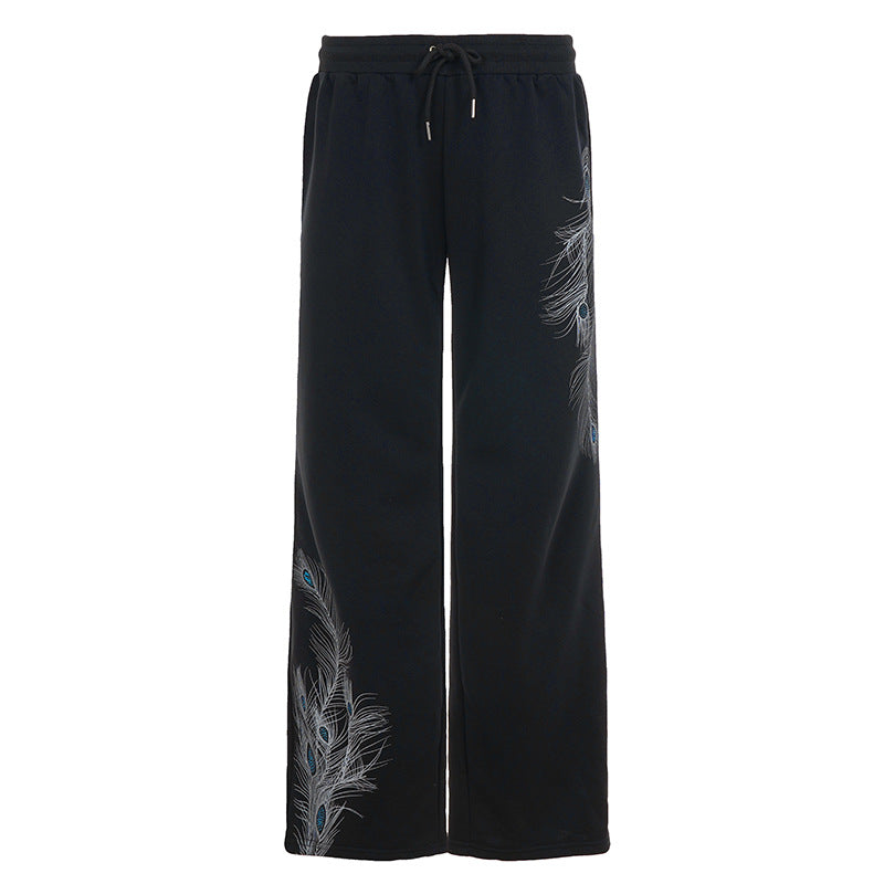 Vintage Peacock Feather Print Low Waist Pants