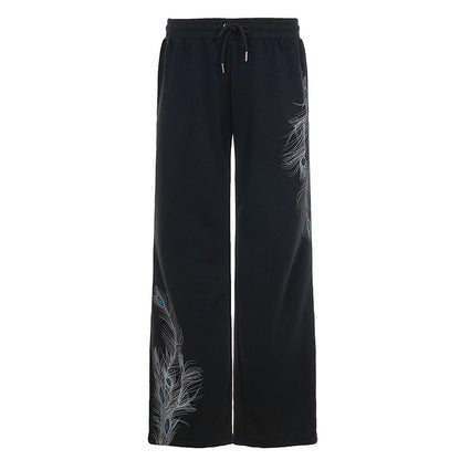 Vintage Peacock Feather Print Low Waist Pants