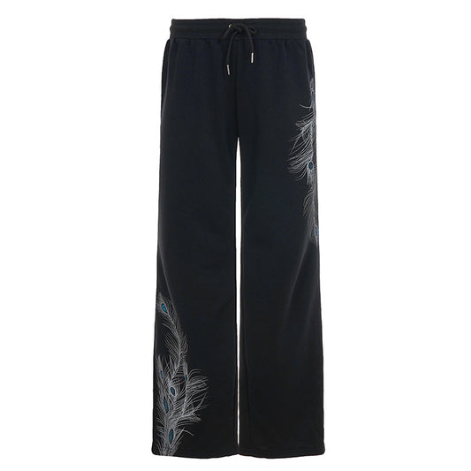 Vintage Peacock Feather Print Low Waist Pants