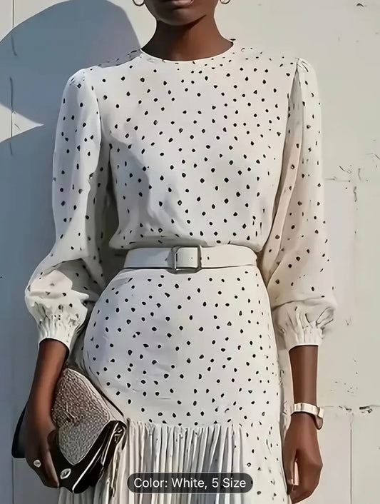 Women’s Elegant Belted Polka Dot Midi Dress