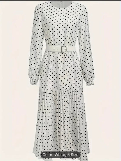 Women’s Elegant Belted Polka Dot Midi Dress