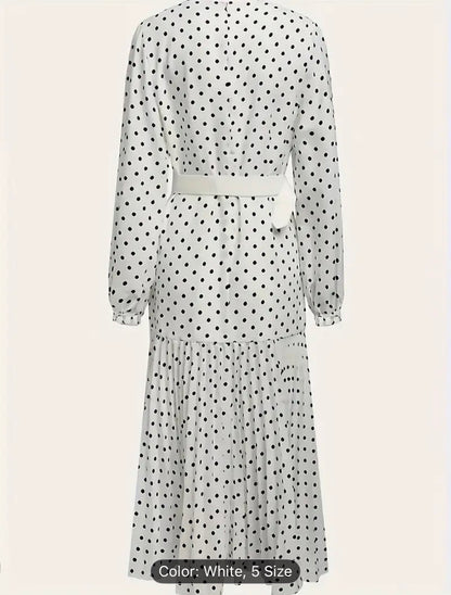 Women’s Elegant Belted Polka Dot Midi Dress