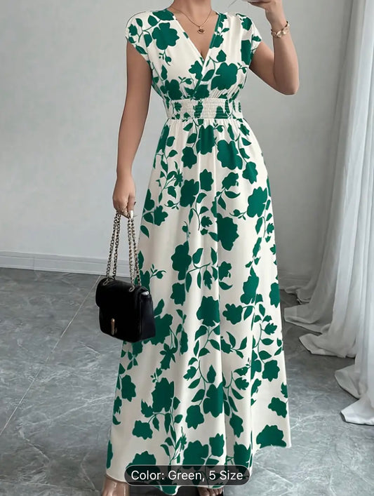 Women’s Elegant Pink Floral V-Neck Maxi Dress